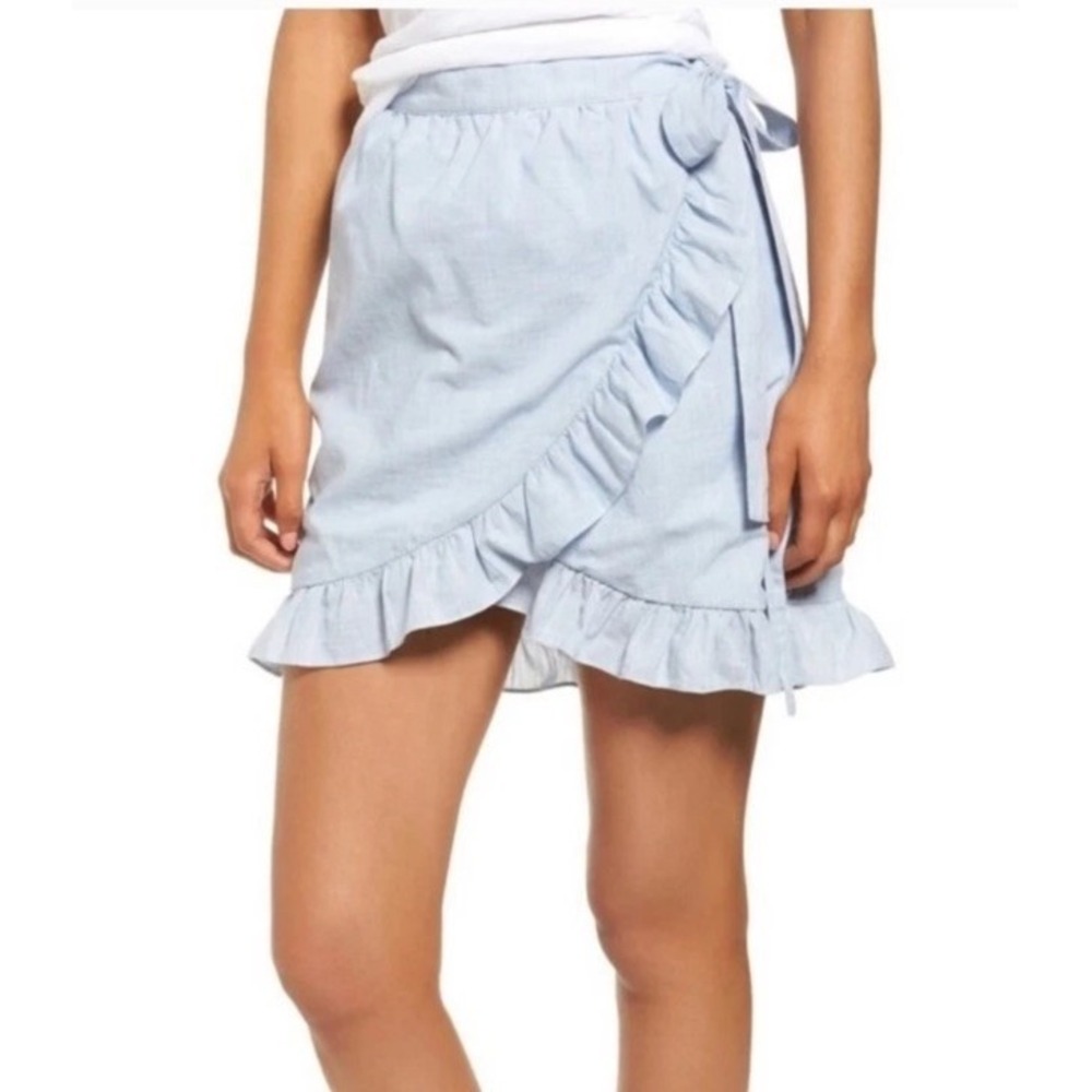 Madewell Meadow Overlap Ruffle Wrap Mini Skirt Chambray Blue Size 8
